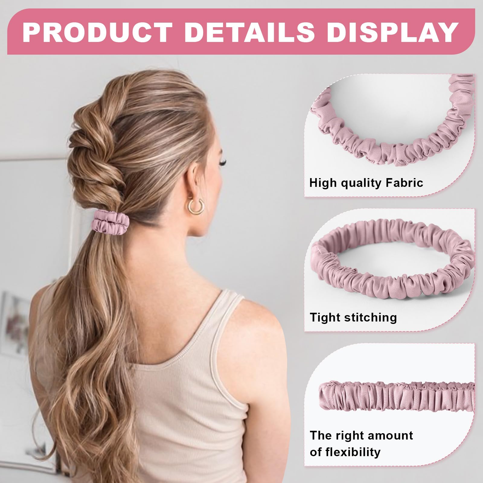 DEMAZALO silk hair ties elastic band interior — built-in stretch for secure yet comfortable holds.