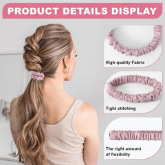 DEMAZALO silk hair ties elastic band interior — built-in stretch for secure yet comfortable holds.