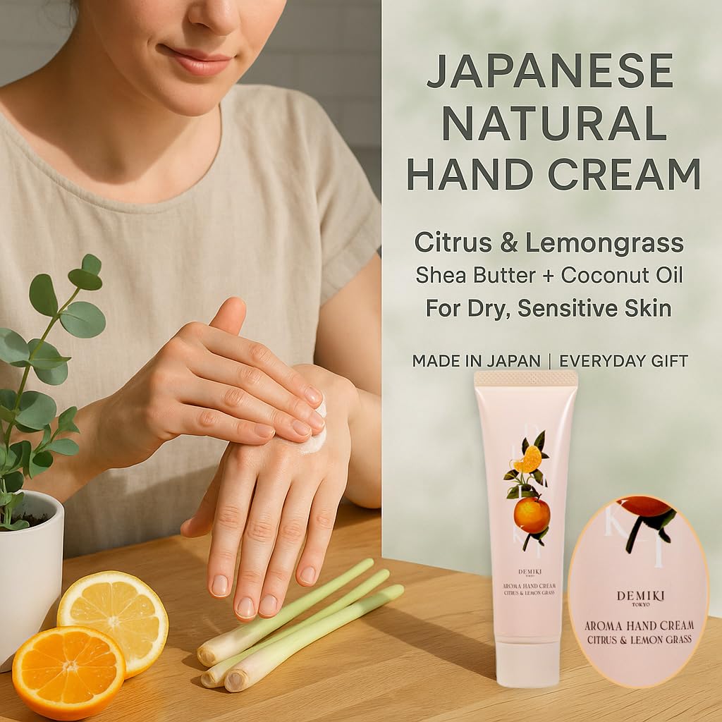 DEMIKI bottle and palm demonstrating non-greasy finish for all-day softness