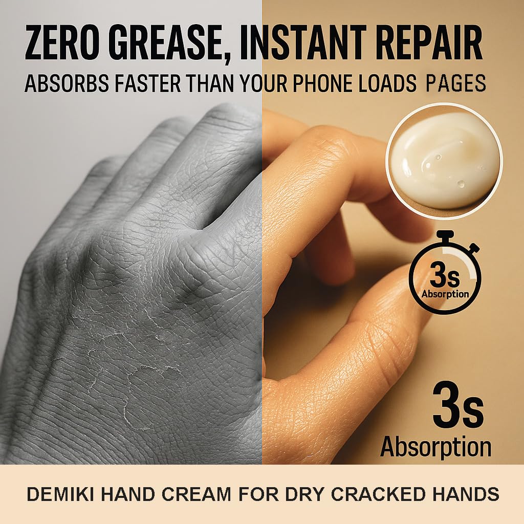 DEMIKI hand cream being applied on dry hands to show quick absorption
