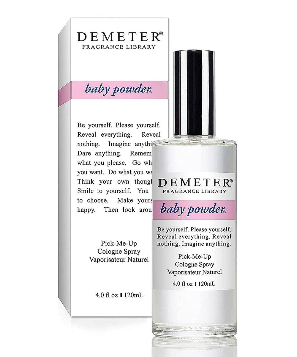 Demeter Baby Powder bottle close-up emphasizing clean, powdery freshness for daily wear