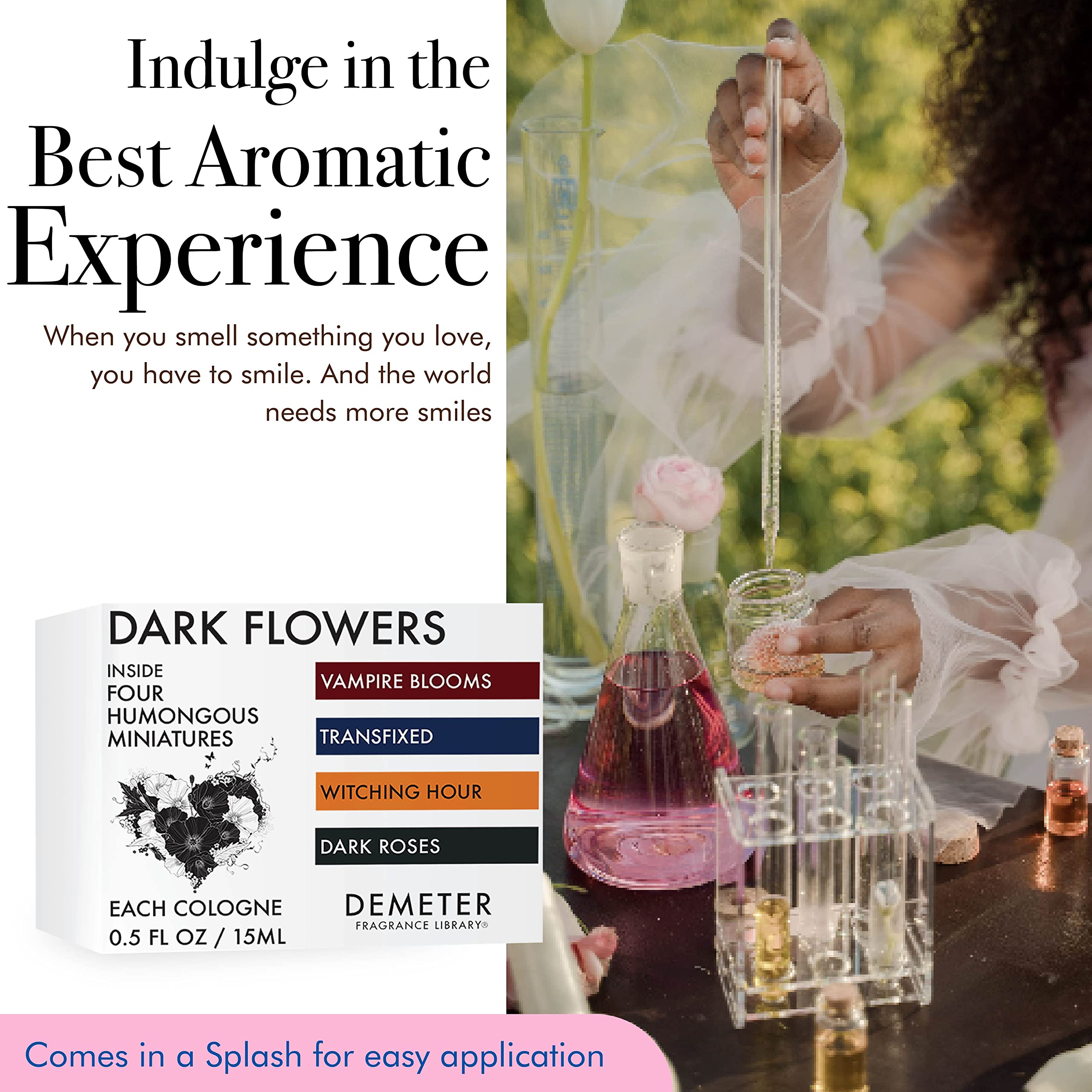 Demeter Dark Flowers sampler showcases four 0.5 oz splashes for on-the-go exploration.