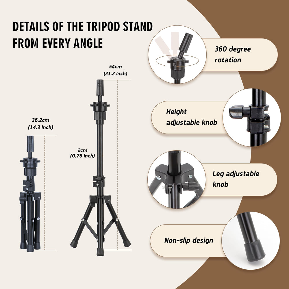 Demides wig stand tripod folded for easy storage and portability