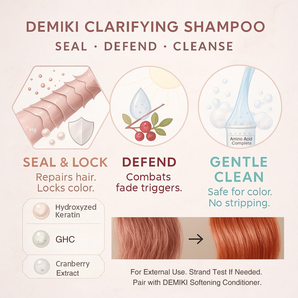 DEMIKI color-protection shampoo preserves vibrancy in color-treated hair.