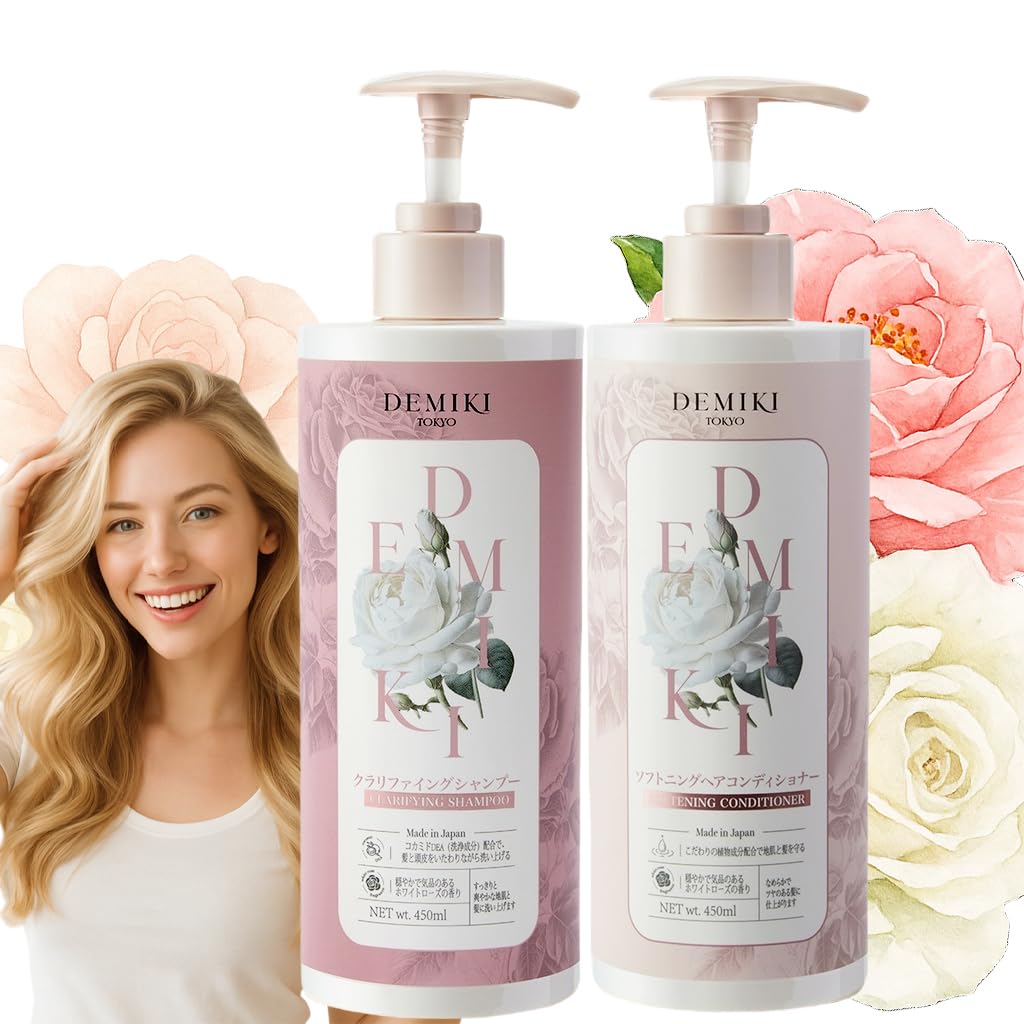 DEMIKI Japanese shampoo set bottle shows clarifying cleanse for oily hair.