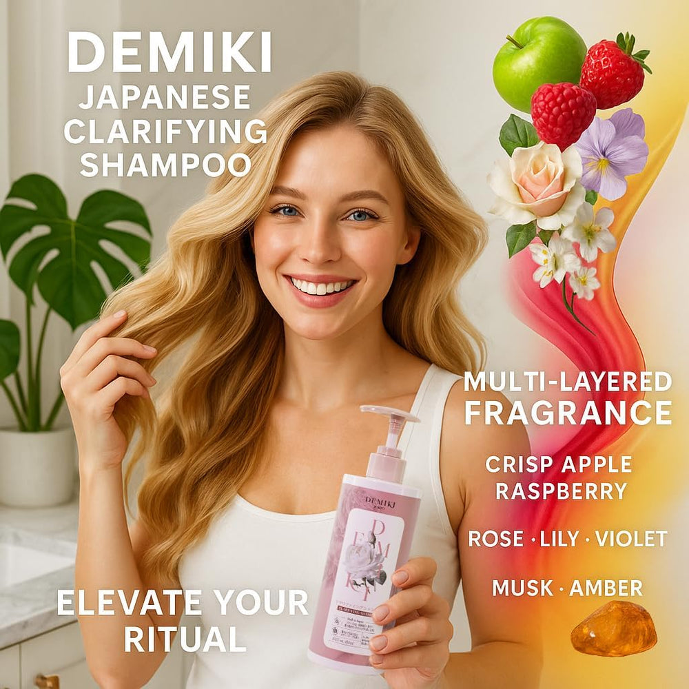 DEMIKI rose-fragrance shampoo with apple-raspberry notes evokes luxurious scent ritual.