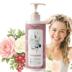 DEMIKI shampoo bottle for oily hair shows daily cleansing action.