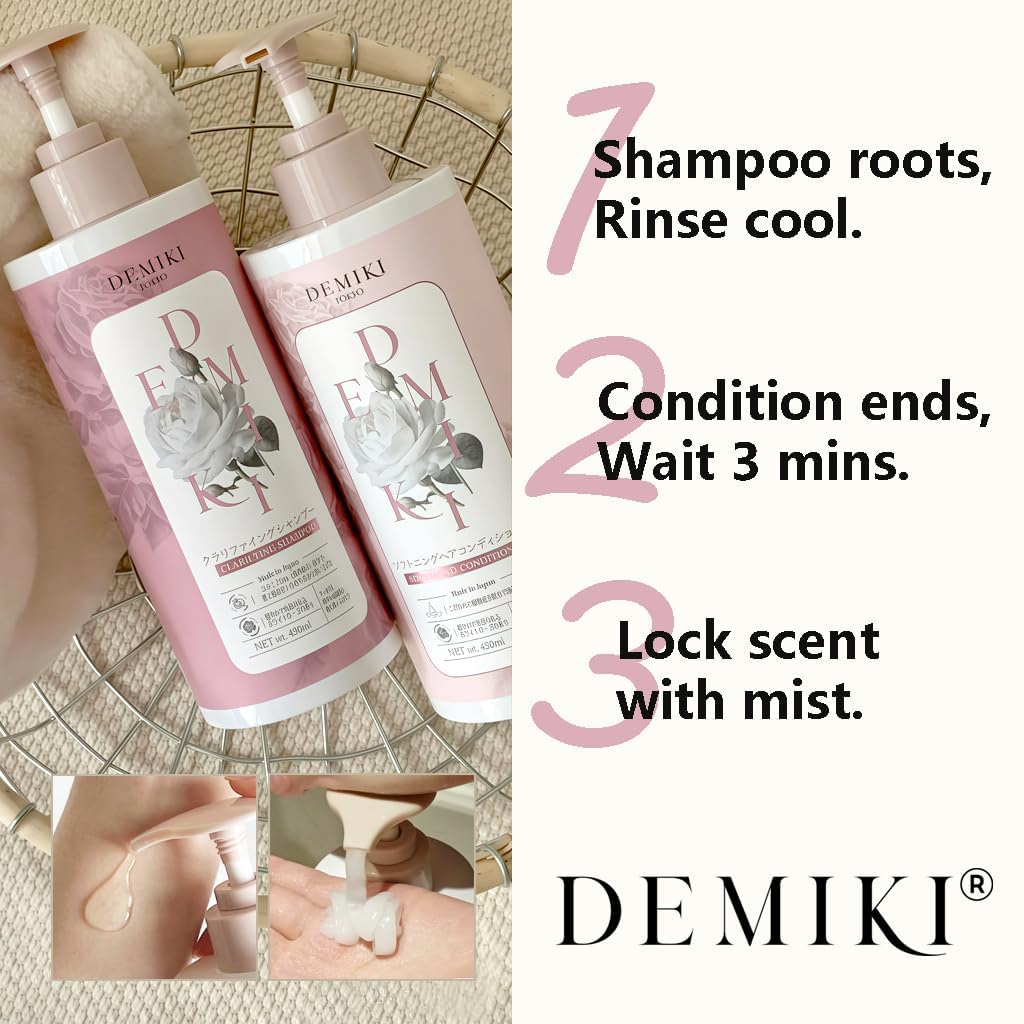 DEMIKI swim-ready cleansing shampoo shown after swimming for fresh scalp.