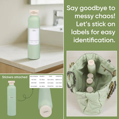 Demora bottles with waterproof label stickers for content ID