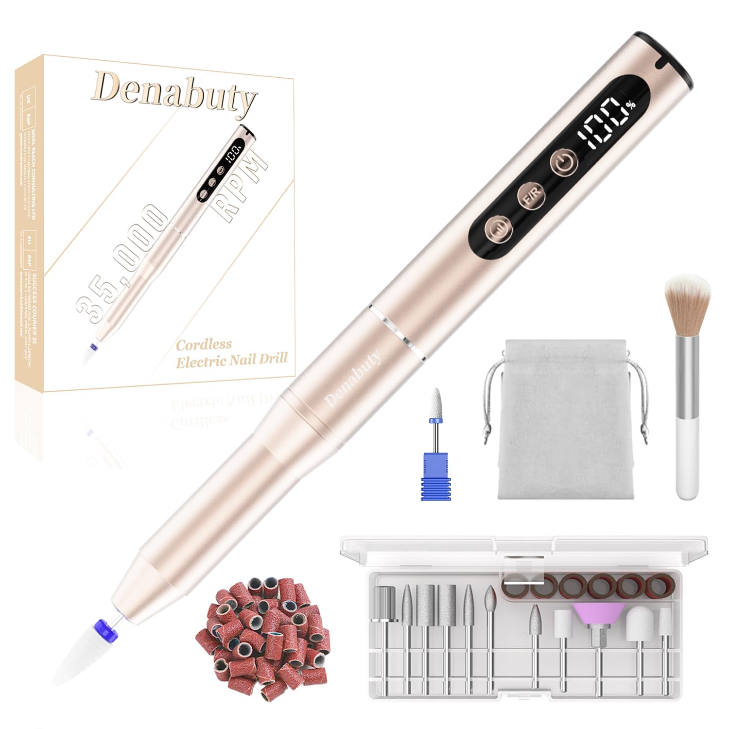 Denabuty cordless nail drill with 35,000rpm display enables fast gel removal.