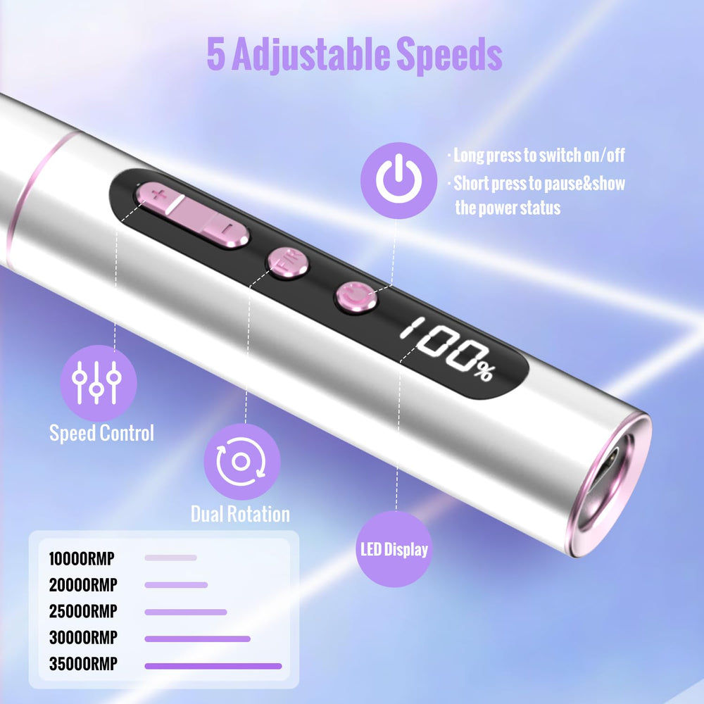 Denabuty nail drill with bits and sanding bands for smooth acrylic removal.