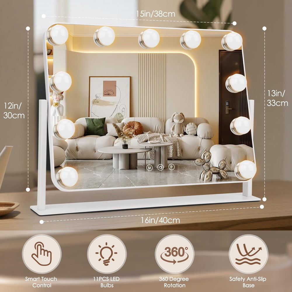 DenCert mirror closeup shows 11 LED bulbs for clear lighting