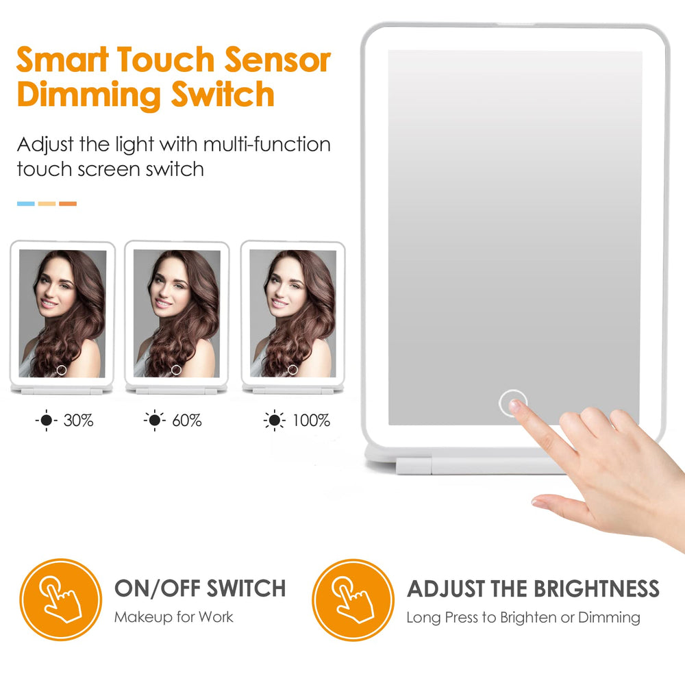 DenCert smart touch controls allow dimmable brightness for precise makeup.