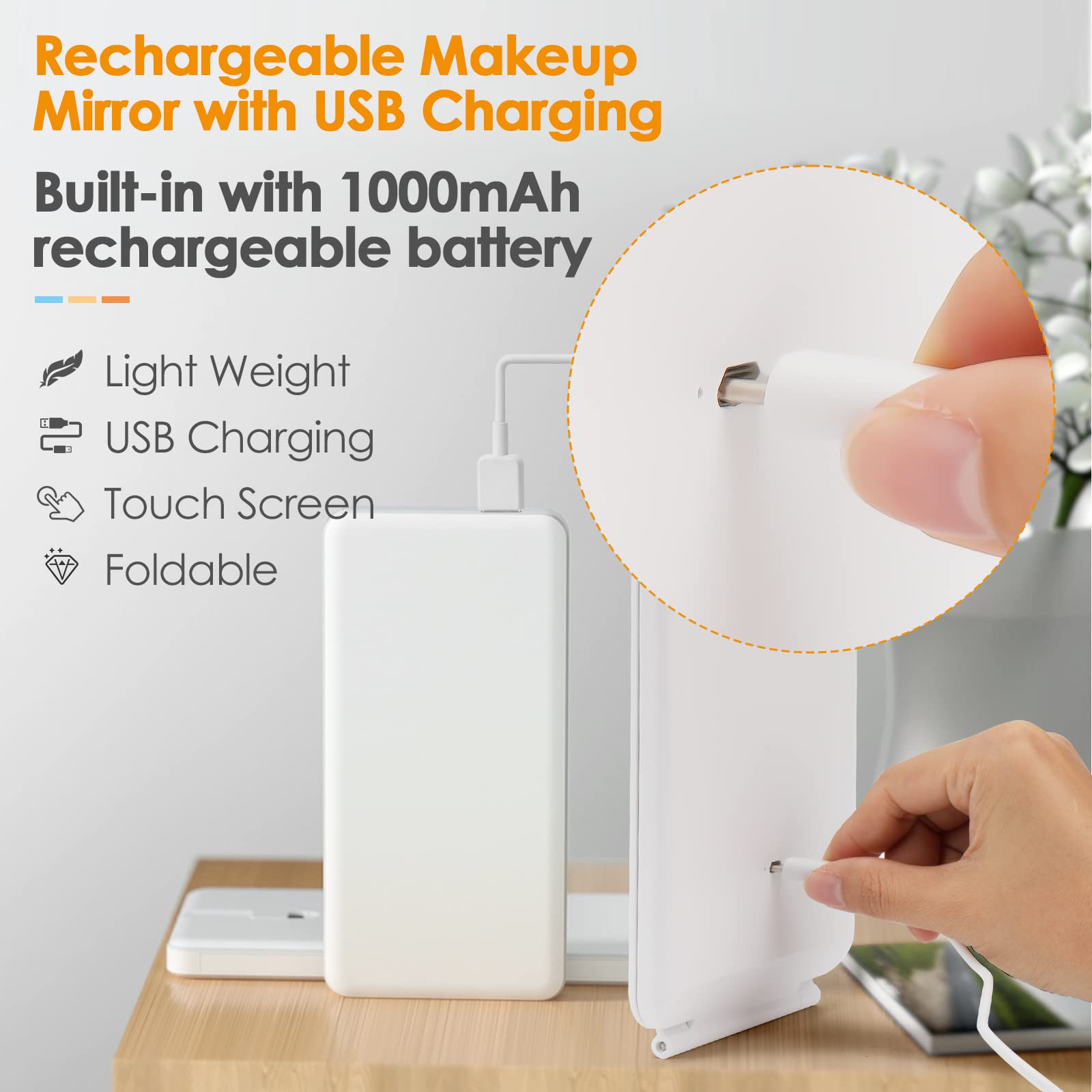 DenCert USB-rechargeable travel mirror charging via included cable.