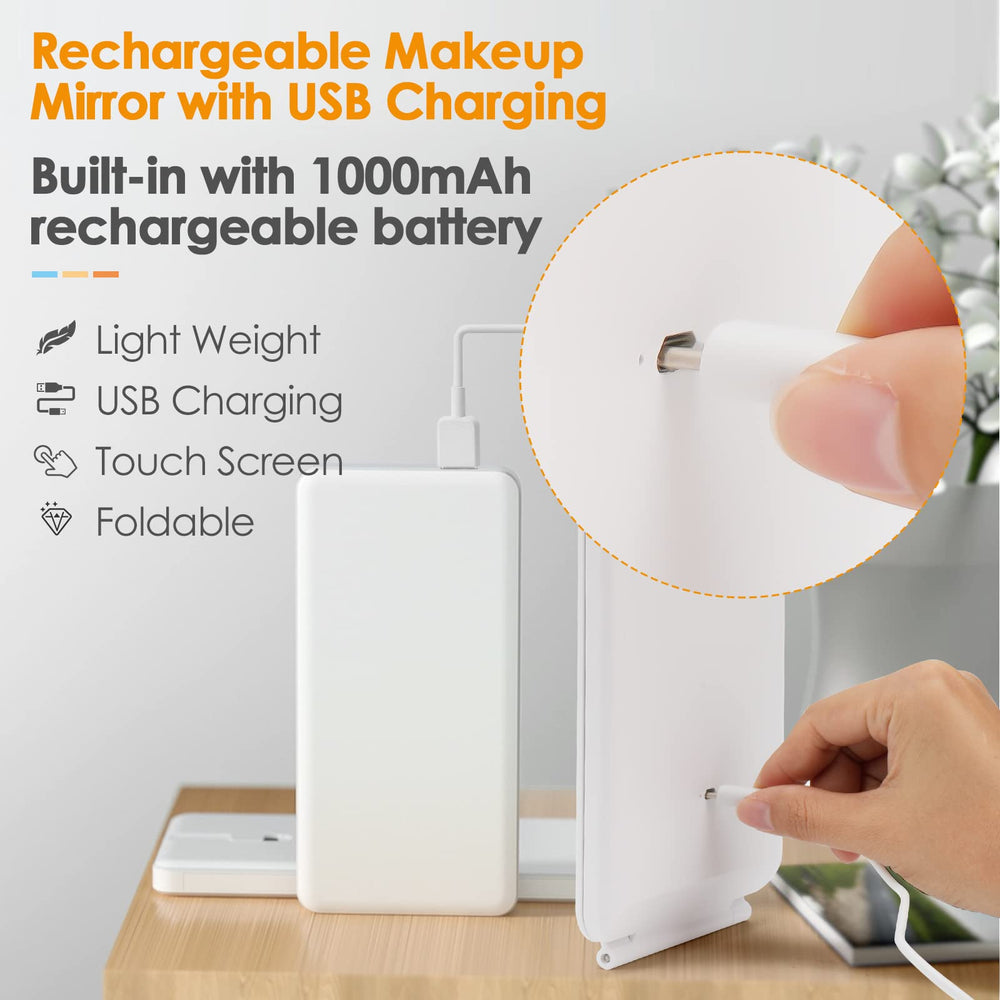 DenCert USB-rechargeable travel mirror charging via included cable.