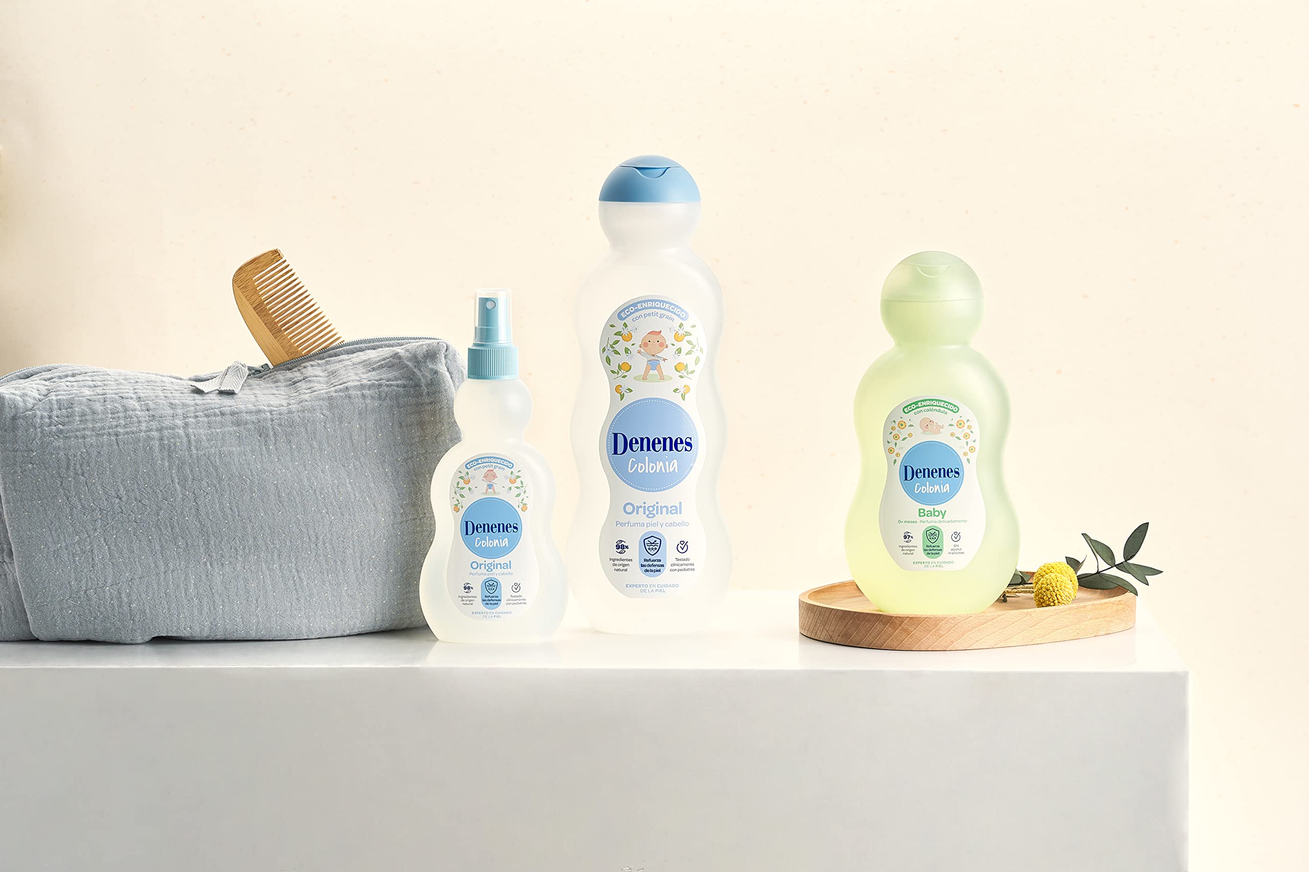 Denenes Baby Cologne label detail, citrus notes with subtle Spanish flair