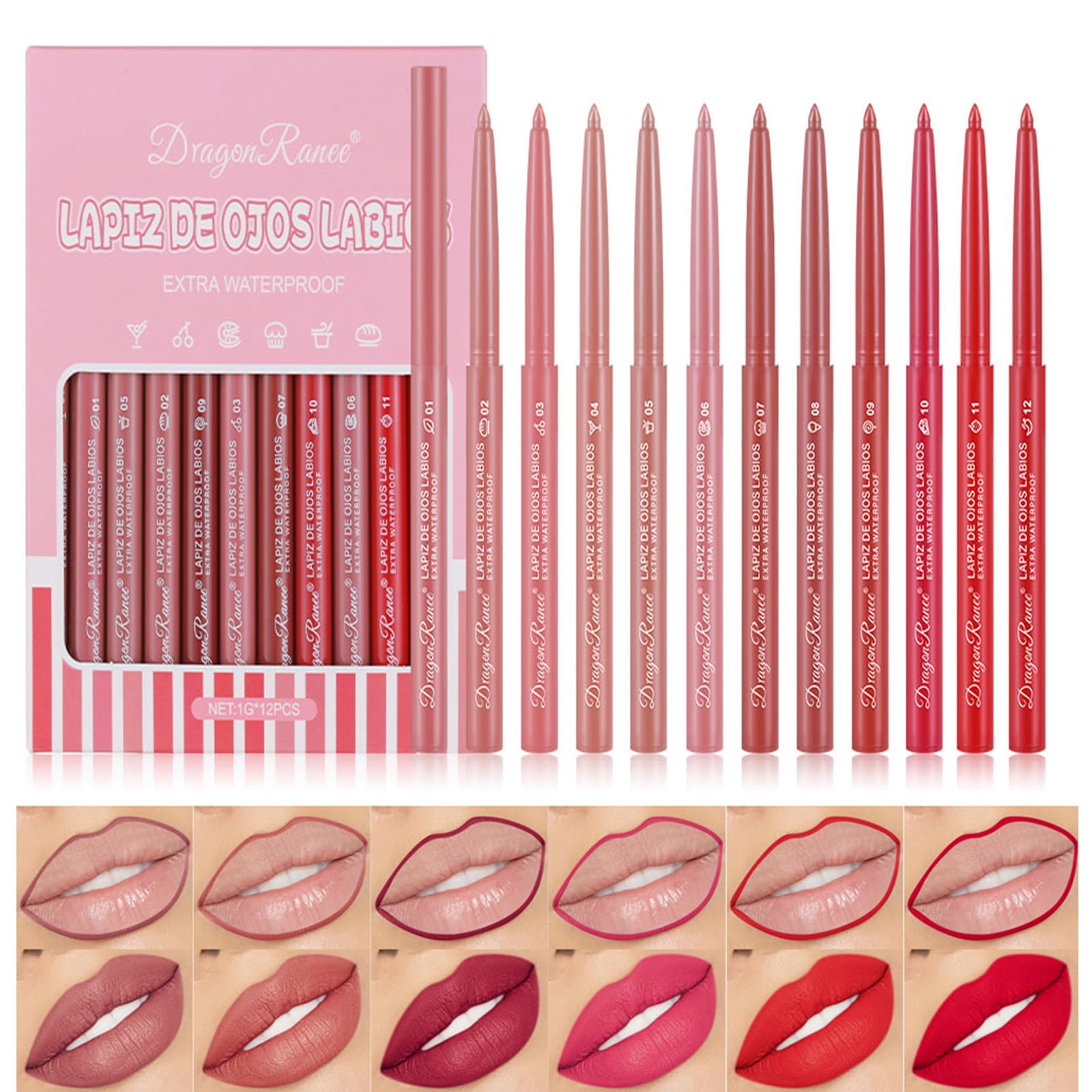 DENESTUP 12 colors lip liner set closeup showcases vibrant shades for versatile day-to-night looks.