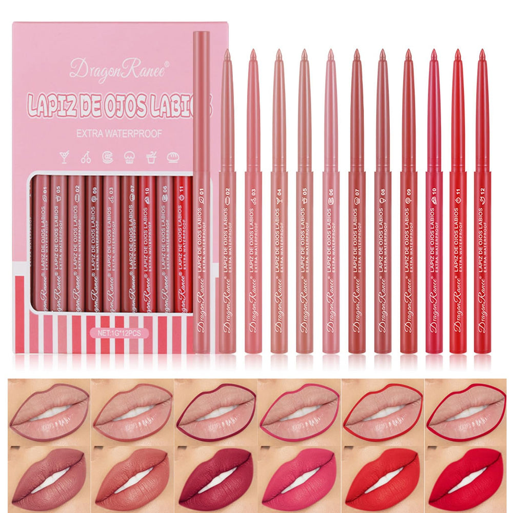 DENESTUP 12 colors lip liner set closeup showcases vibrant shades for versatile day-to-night looks.