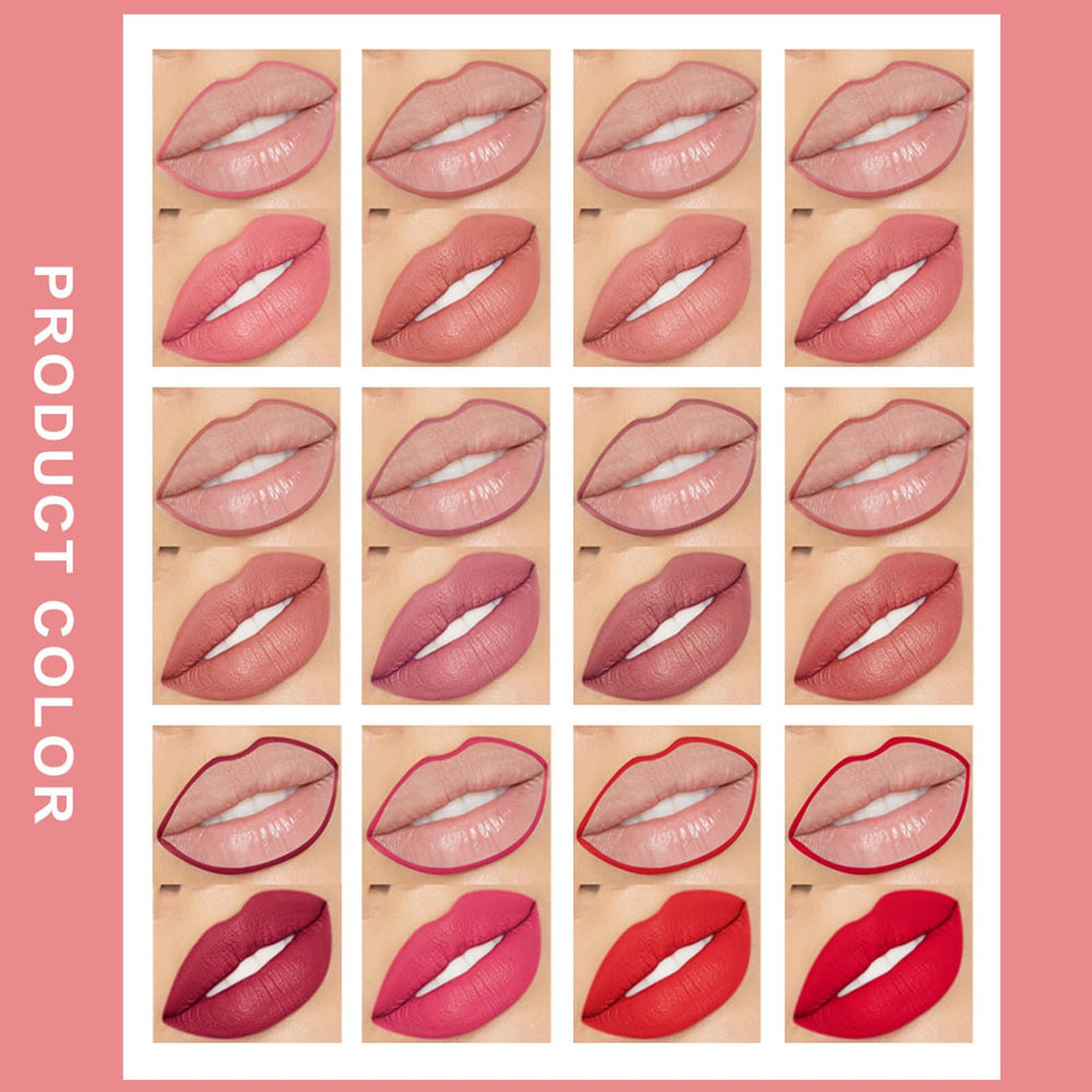 DENESTUP 12-piece lip liner pencil array shows color range and texture variety.