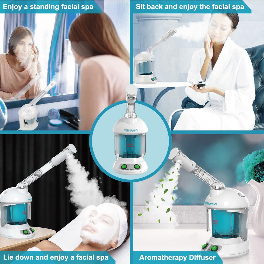Denfany facial steamer in a home spa session setting