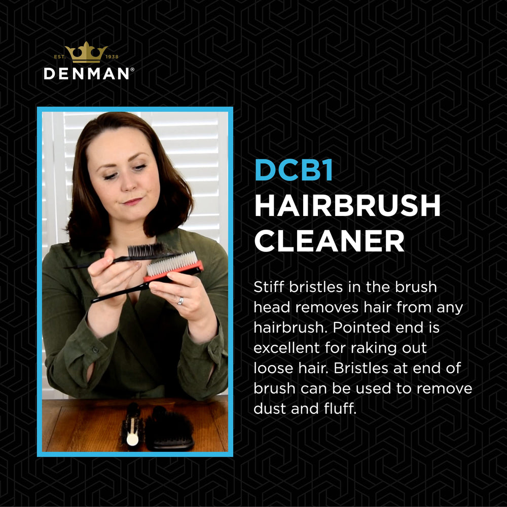 Denman cleaning brush end-tool ready to lift dust and fluff.