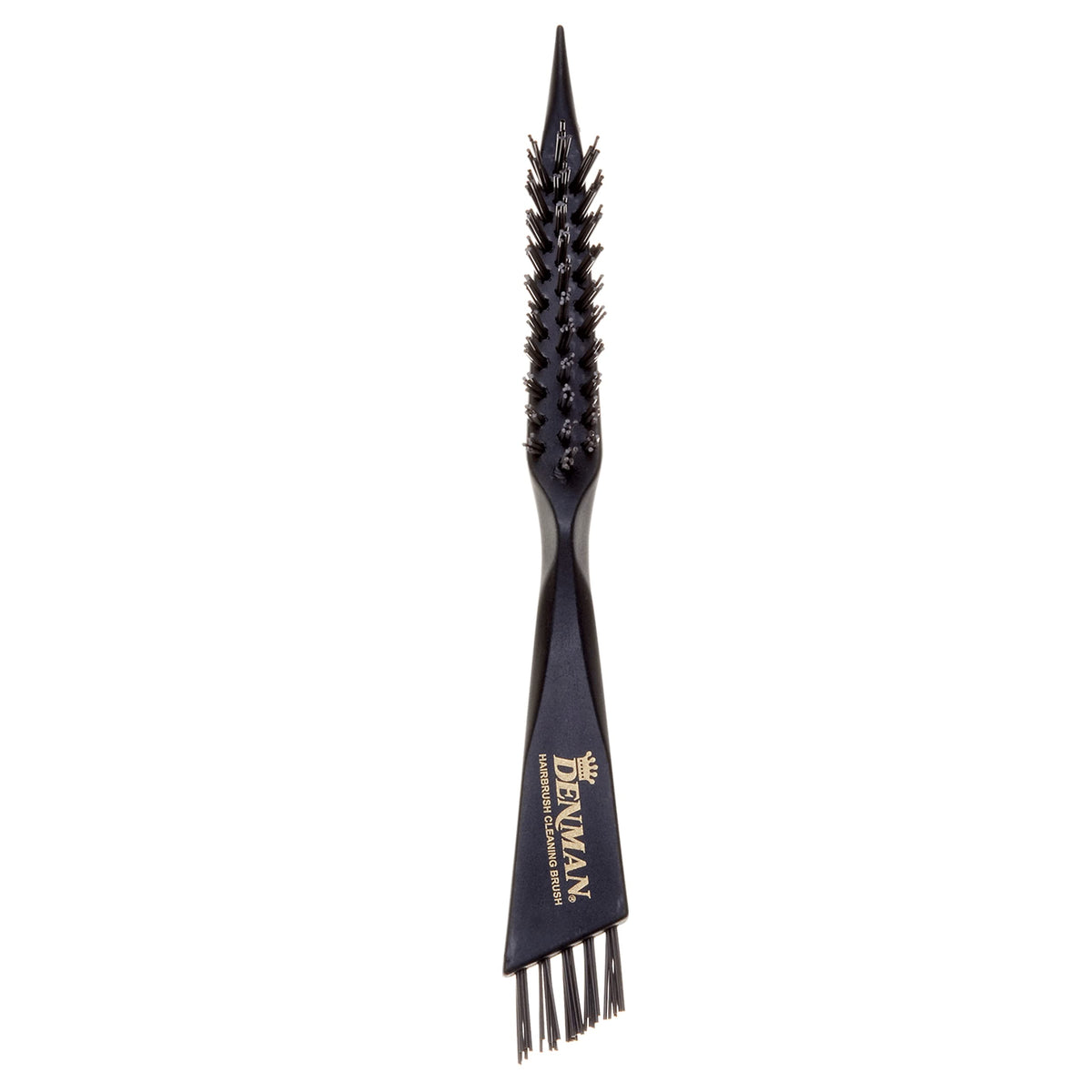 Denman cleaning brush ergonomic grip in use for comfortable cleaning.