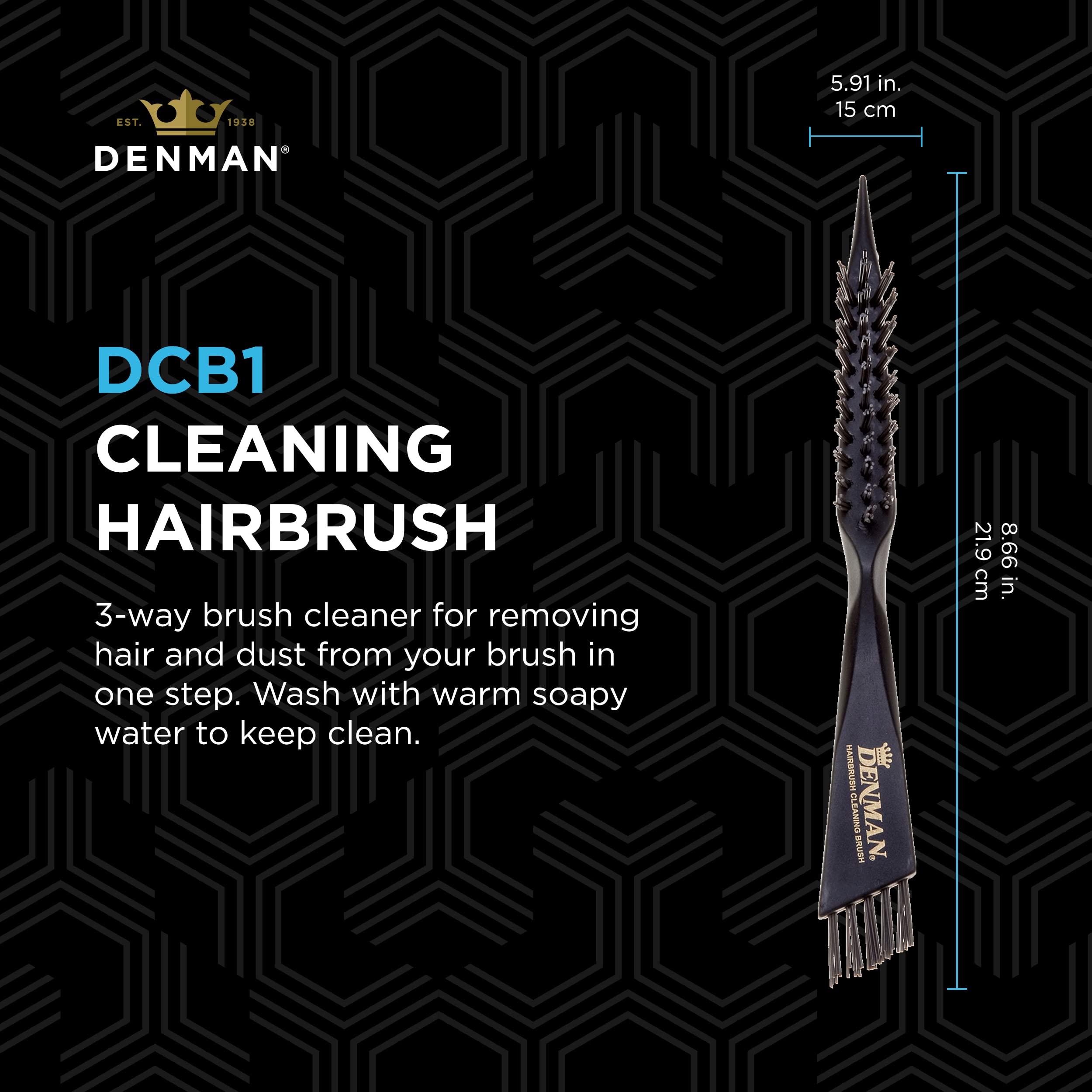 Denman cleaning brush head features stiff bristles for effective hair removal.