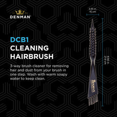 Denman cleaning brush head features stiff bristles for effective hair removal.