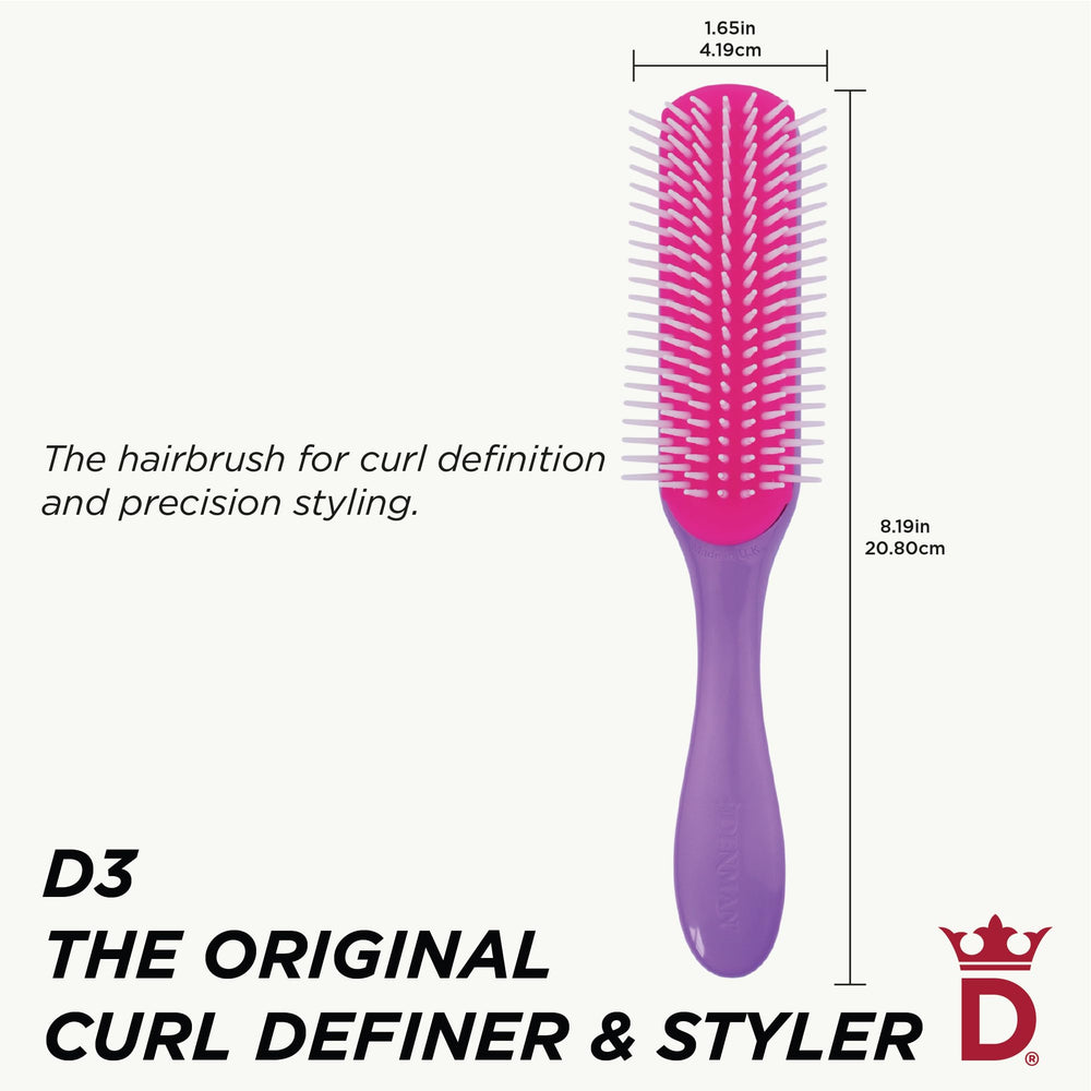 Denman Curly Hair Brush D3 nylon pins detangling for smooth, even product distribution.