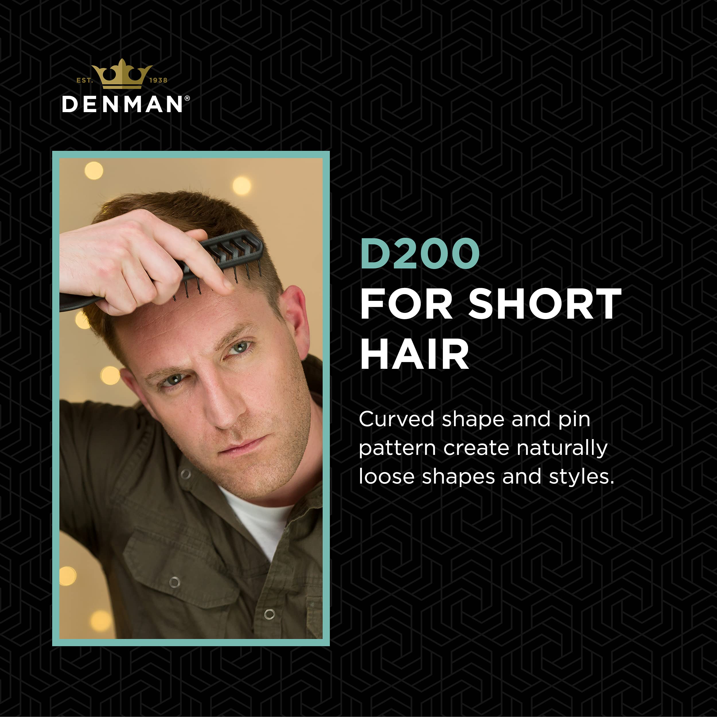Denman D200 shows ball-ended pins gliding through hair for gentle detangling.