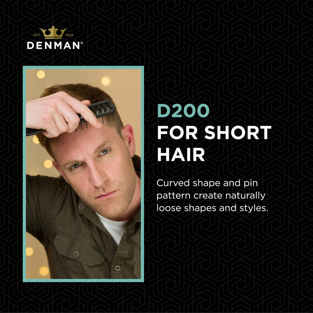 Denman D200 shows ball-ended pins gliding through hair for gentle detangling.