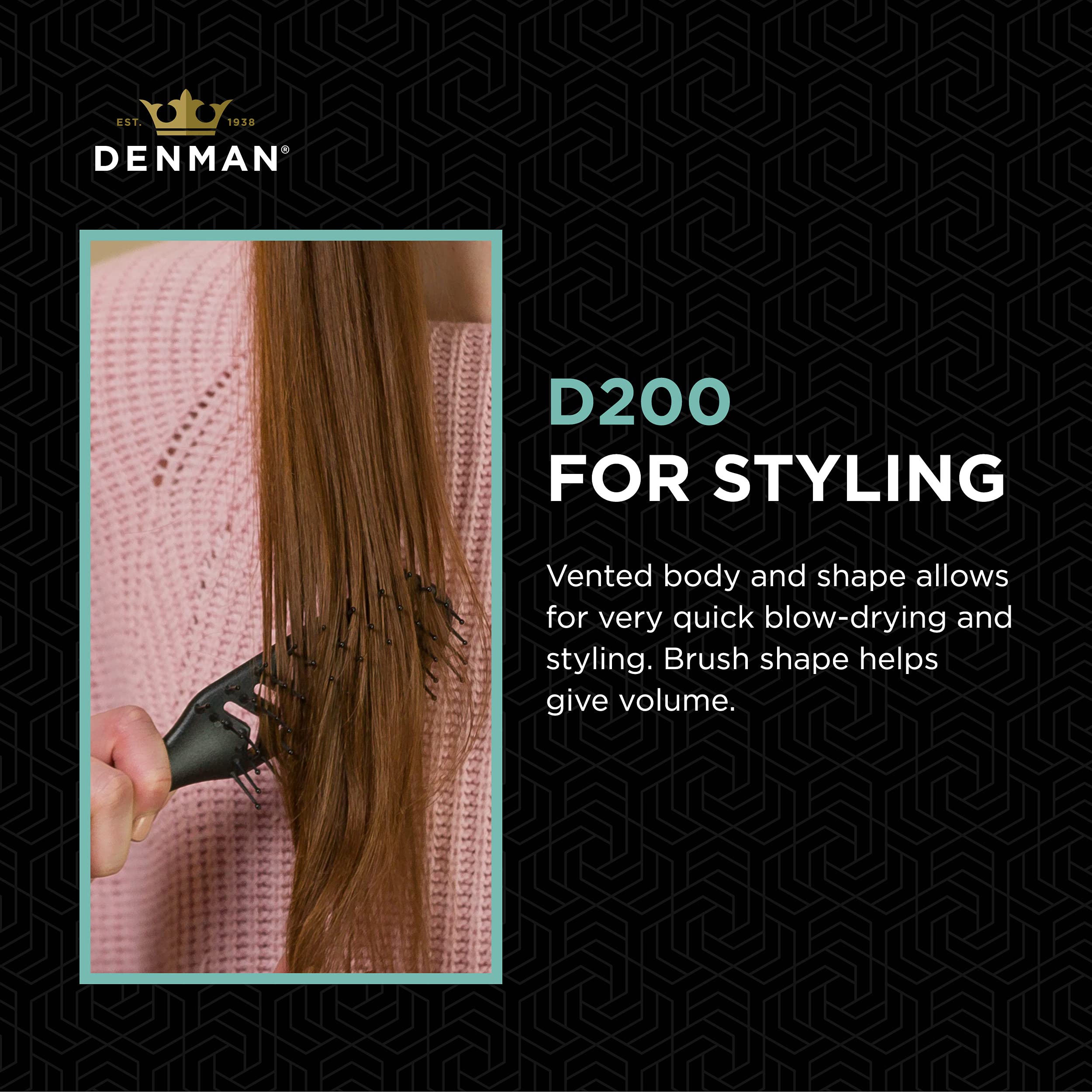 Denman D200 vented design concentrates warm air flow for efficient drying at roots.