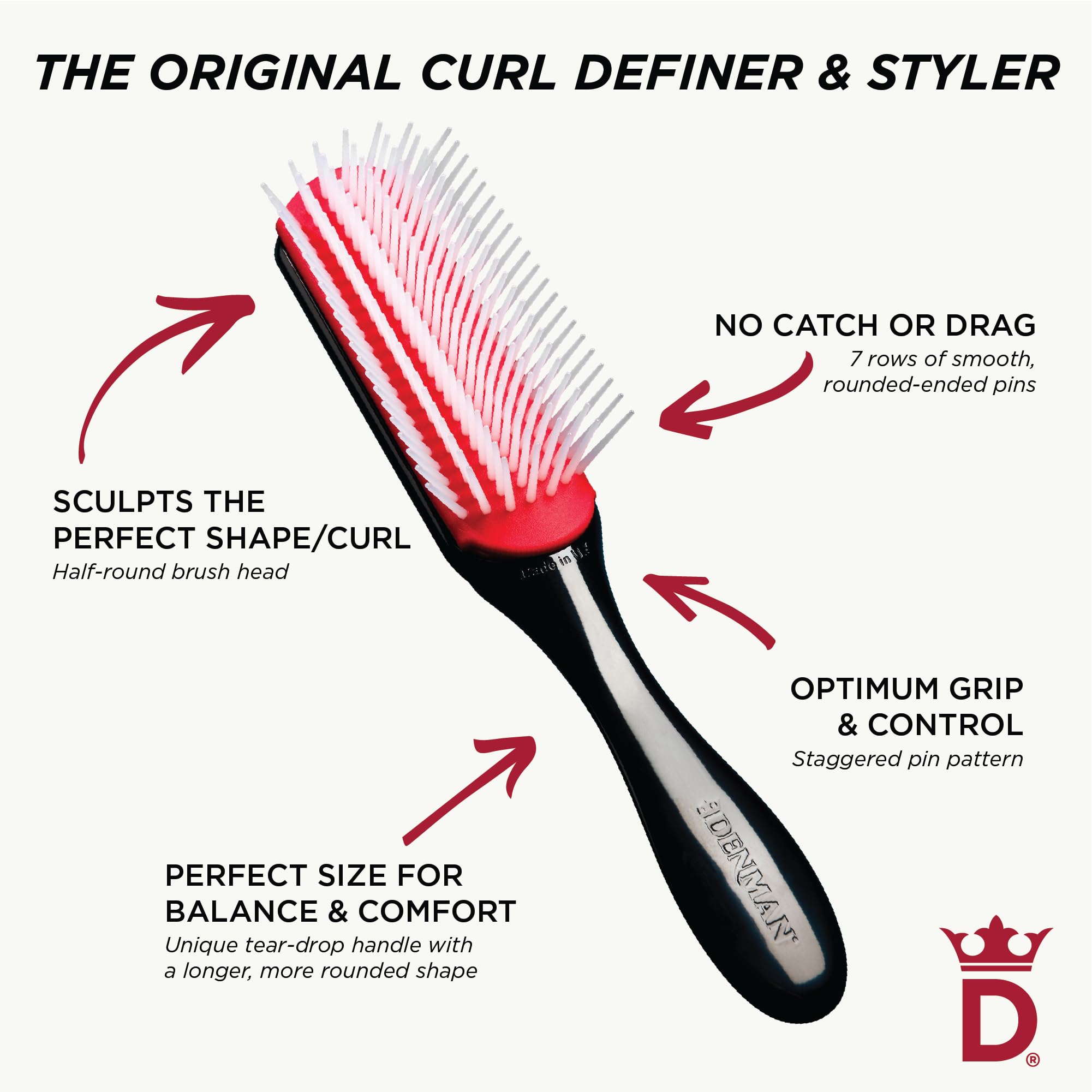Denman Curly Hair Brush D3 defines curls with even tension.