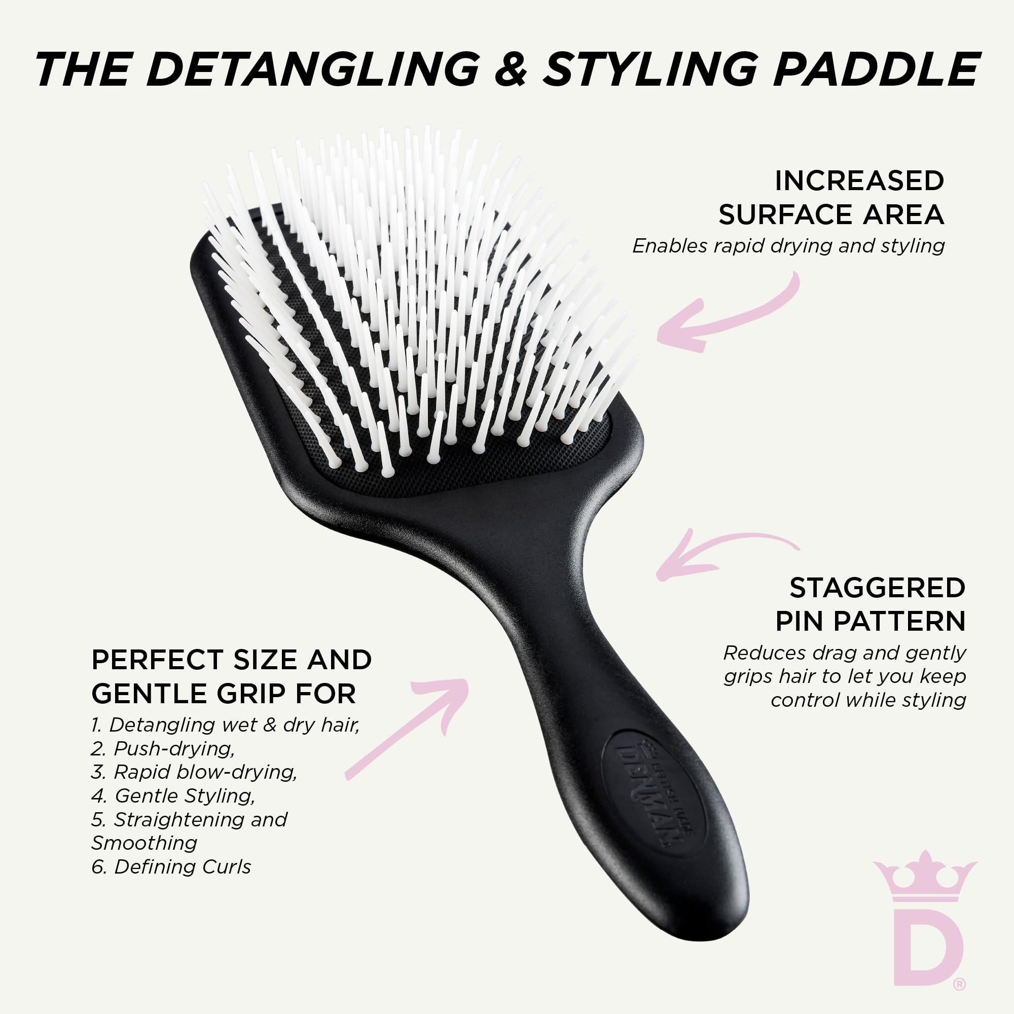Denman D38 curly-definition close-up showing defined curls and frizz control.