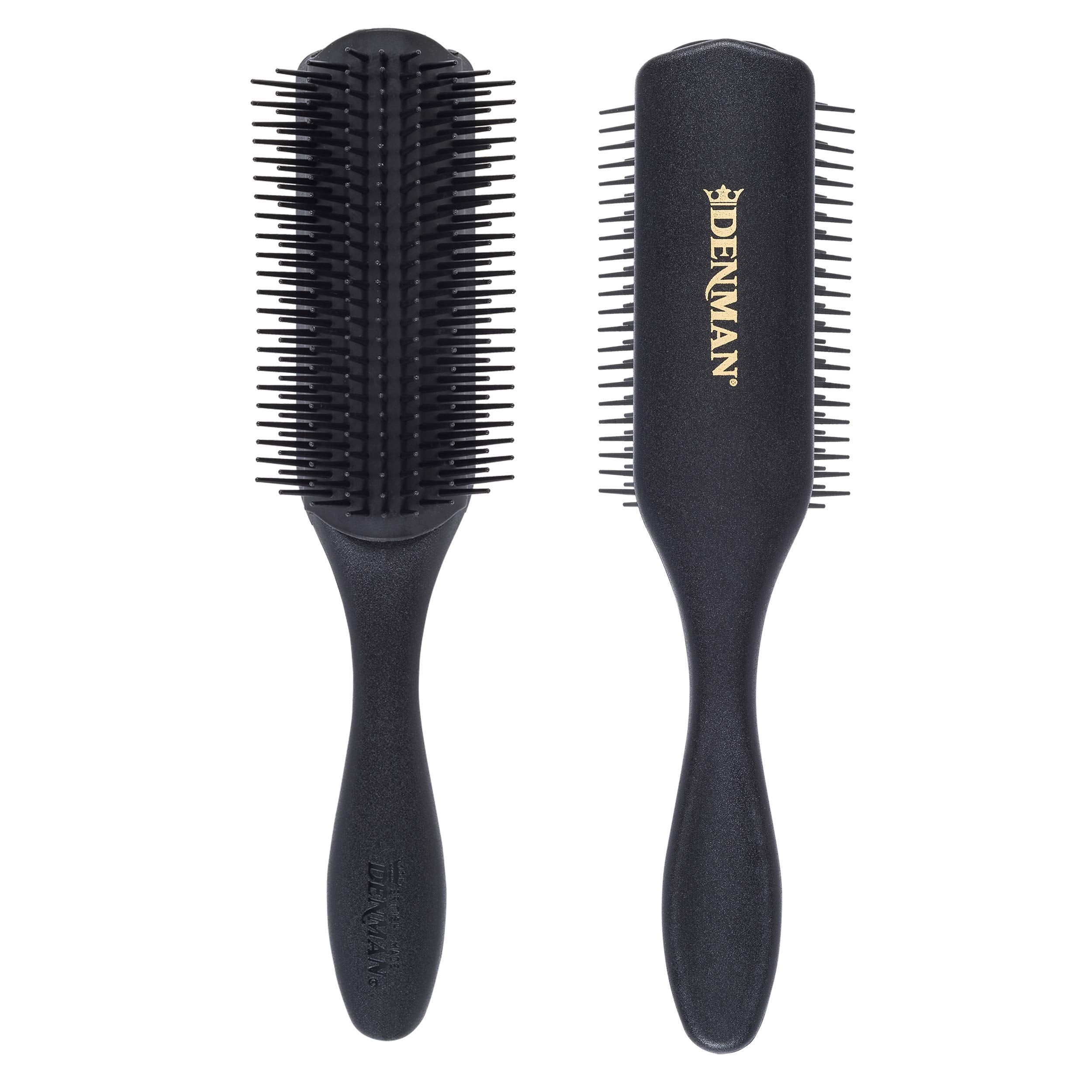 Denman D4 all-black brush close-up showing 9-row pins for gentle detangling