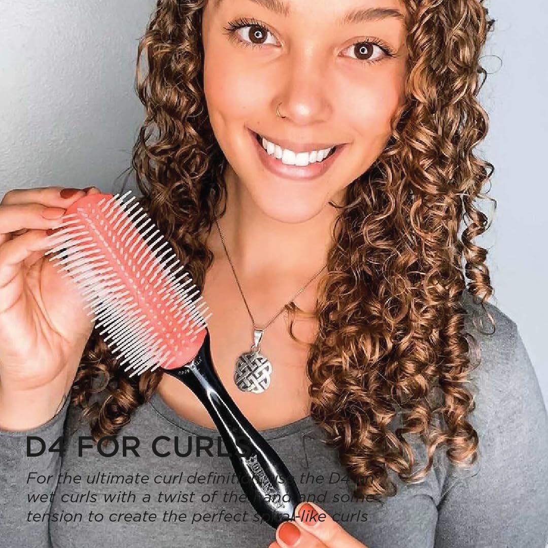 Denman D4 hairbrush in hair illustrating detangling and shaping for ribbon-like curls.