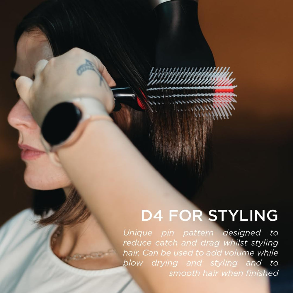 Denman D4 tear-drop handle offers comfort and balance during styling.