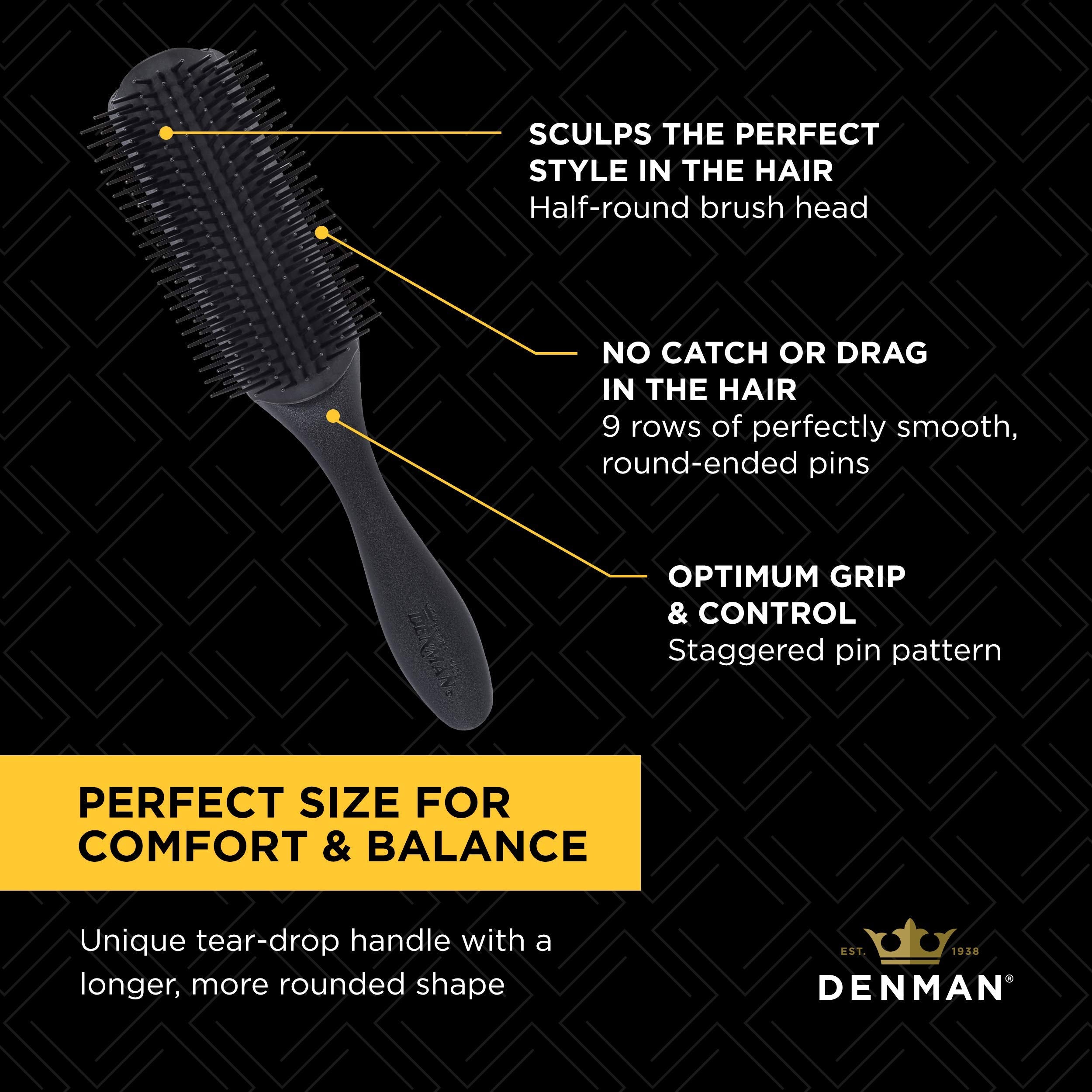 Denman D4 tear-drop handle provides comfortable grip during use