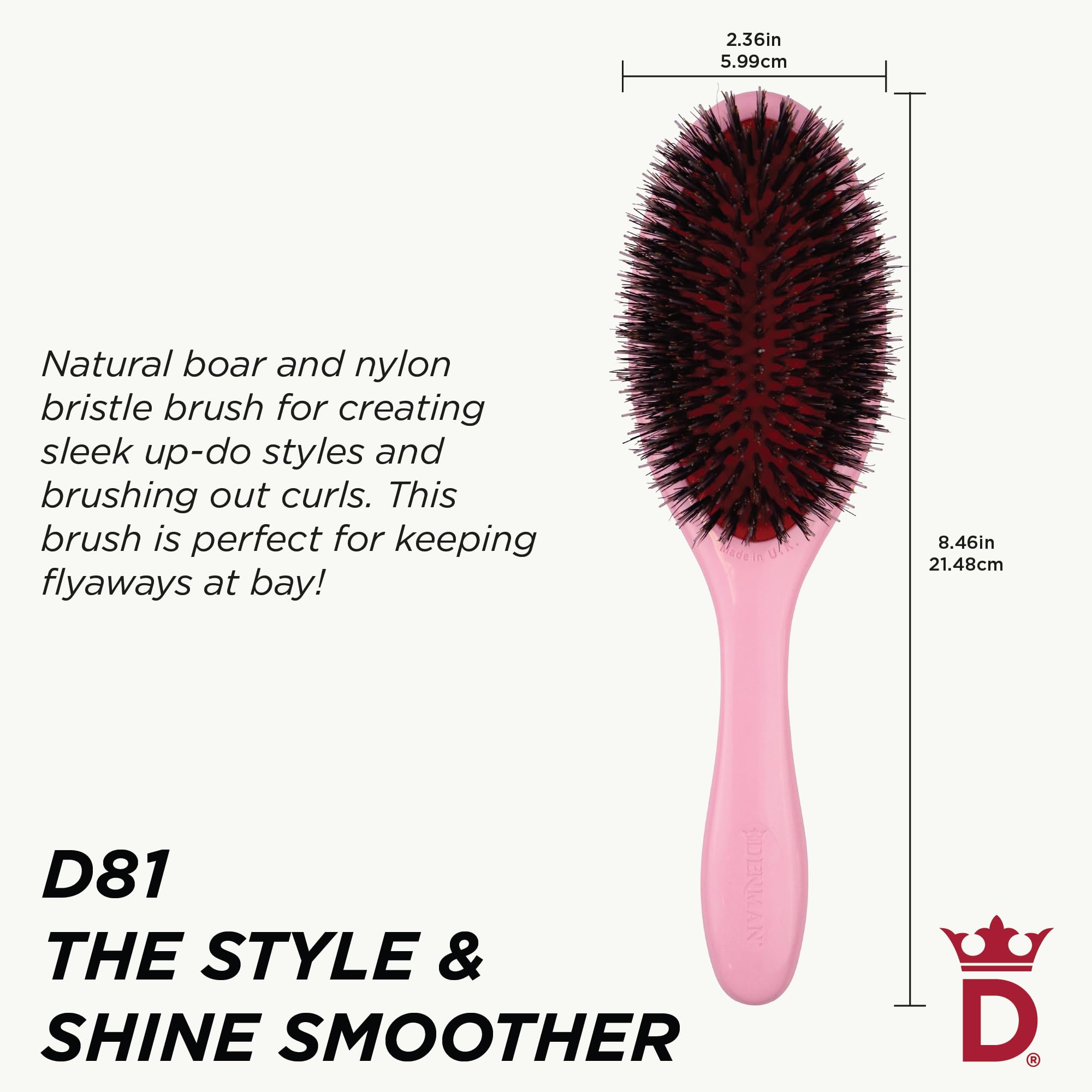 Denman D81M pink crush side angle highlights detangling and frizz control.