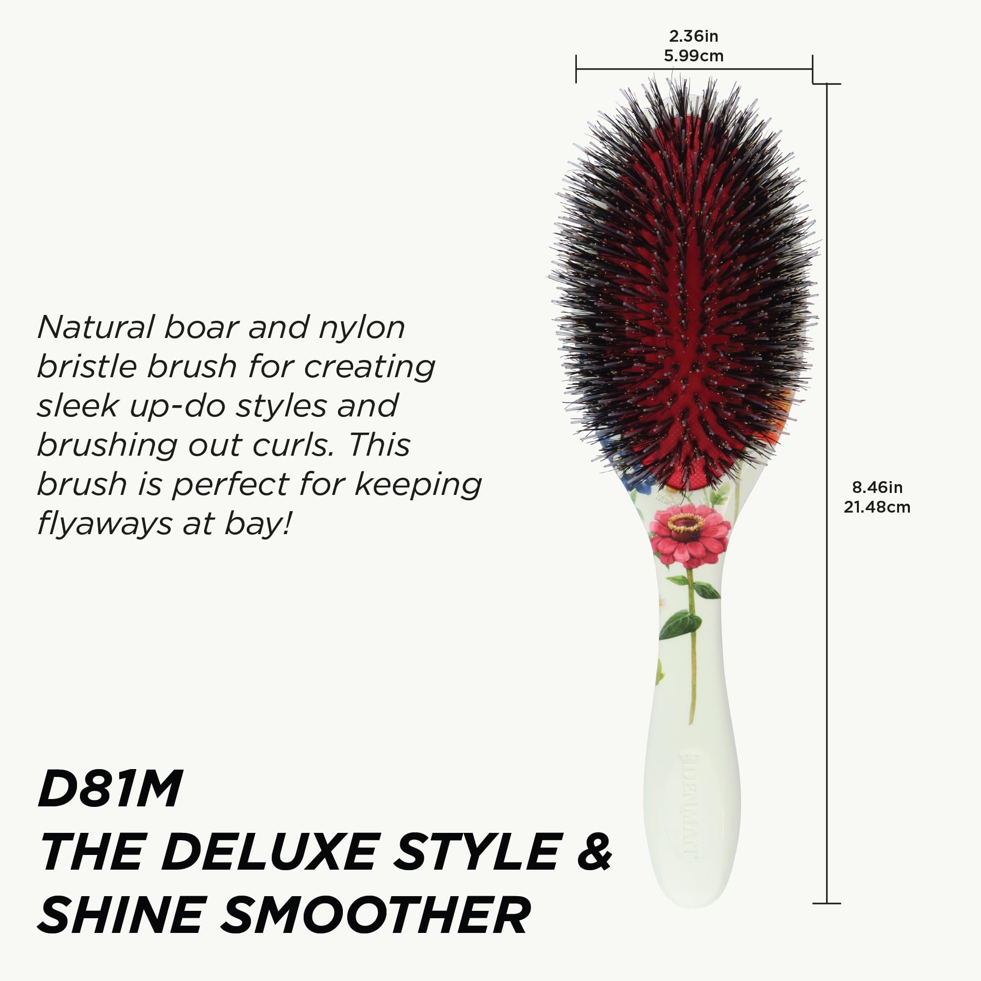 Denman D81M nylon-pin detail highlights detangling power and scalp-friendly action.