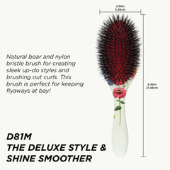 Denman D81M nylon-pin detail highlights detangling power and scalp-friendly action.