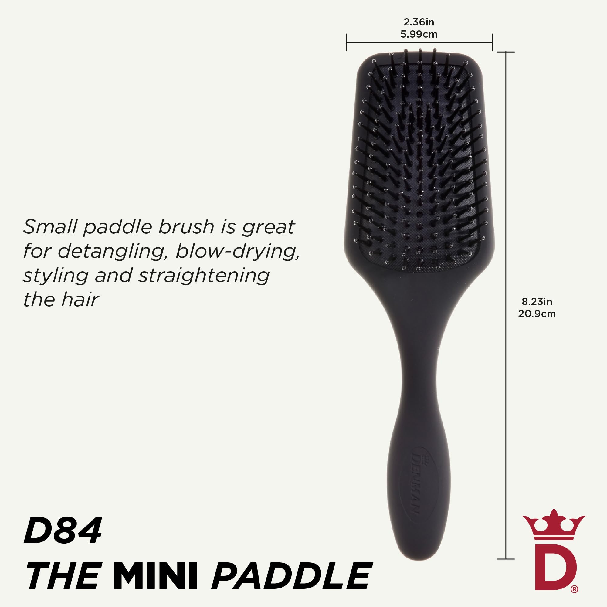 Denman Mini Paddle Brush air-cushioned pad adapts to head contours.