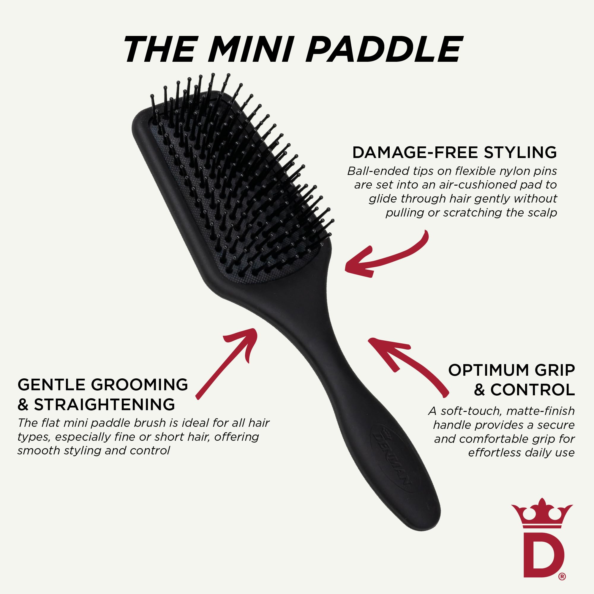 Denman Mini Paddle Brush smoothing finish for polished results.