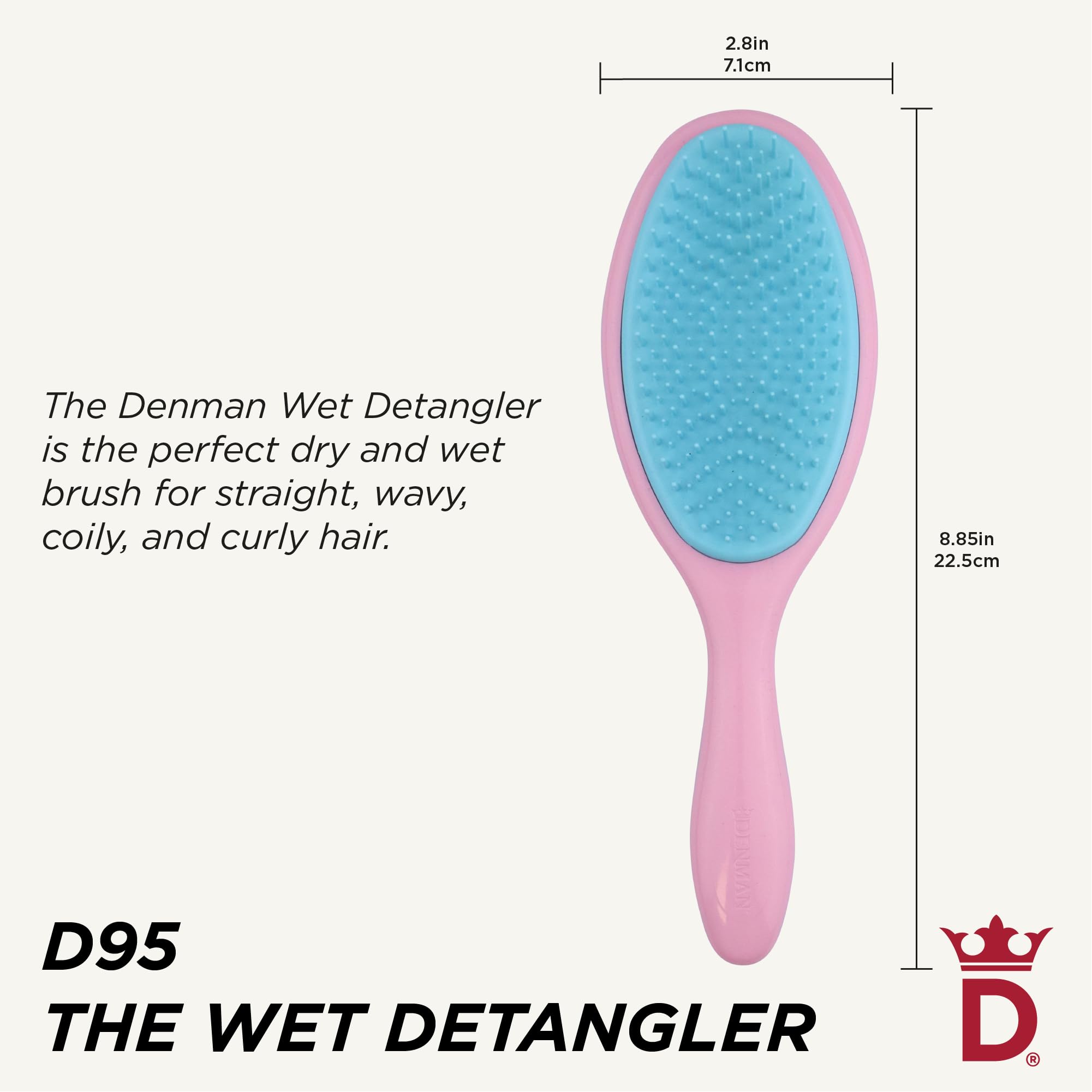 Denman Wet Detangler pink hairbrush pins detail highlights gentle detangling