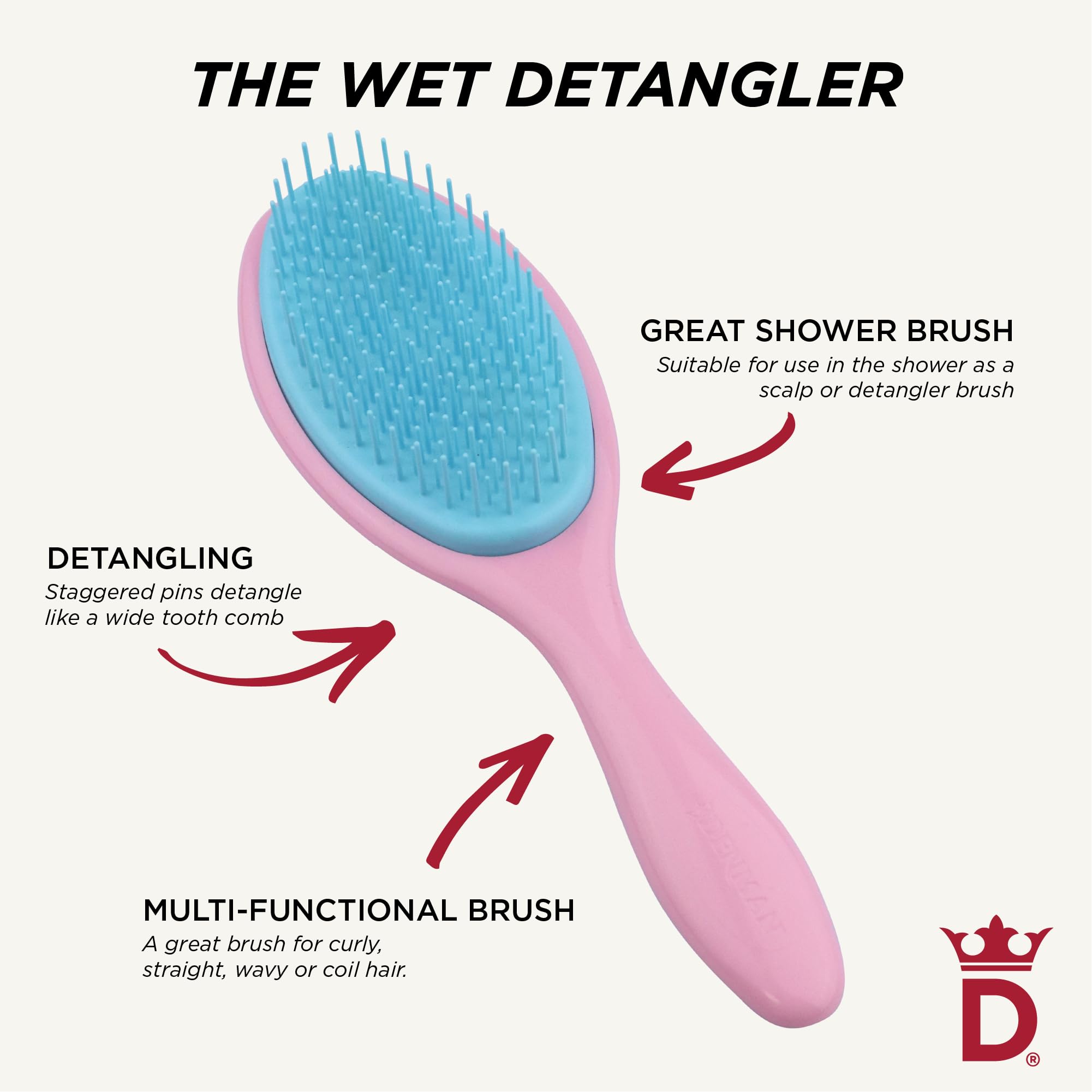 Denman Wet Detangler pink hairbrush wet-use friendly for shower routines