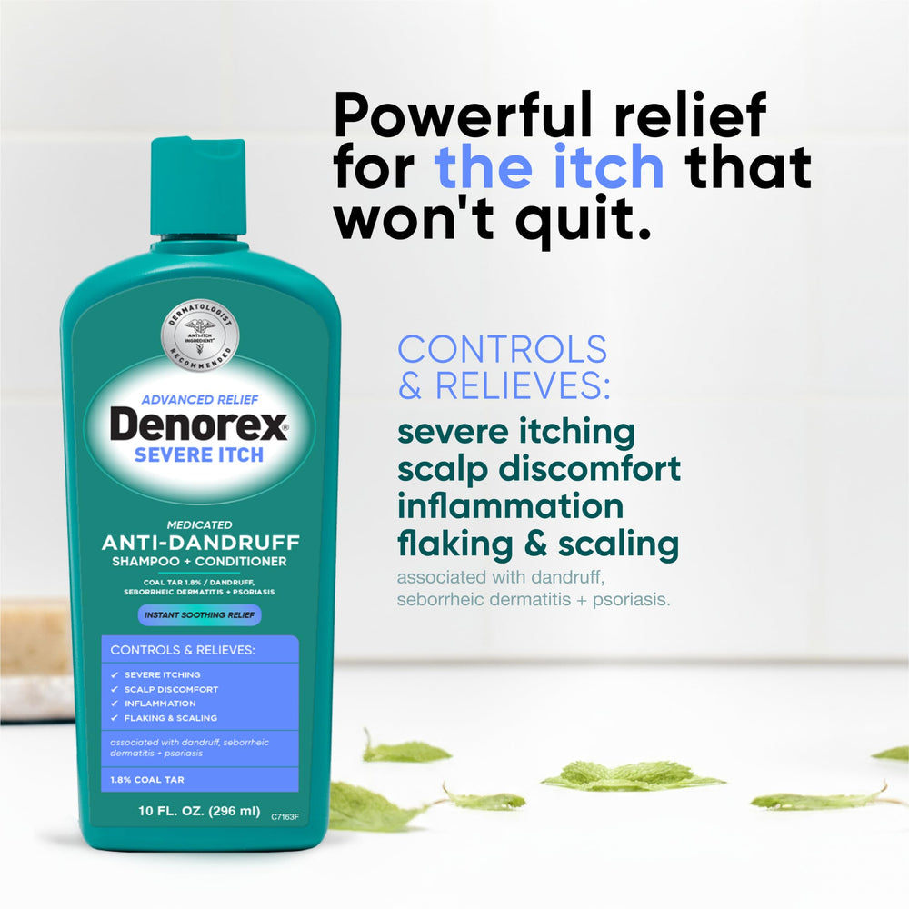Denorex 2in-1 shampoo-conditioner cleanses and conditions for soft, hydrated hair.