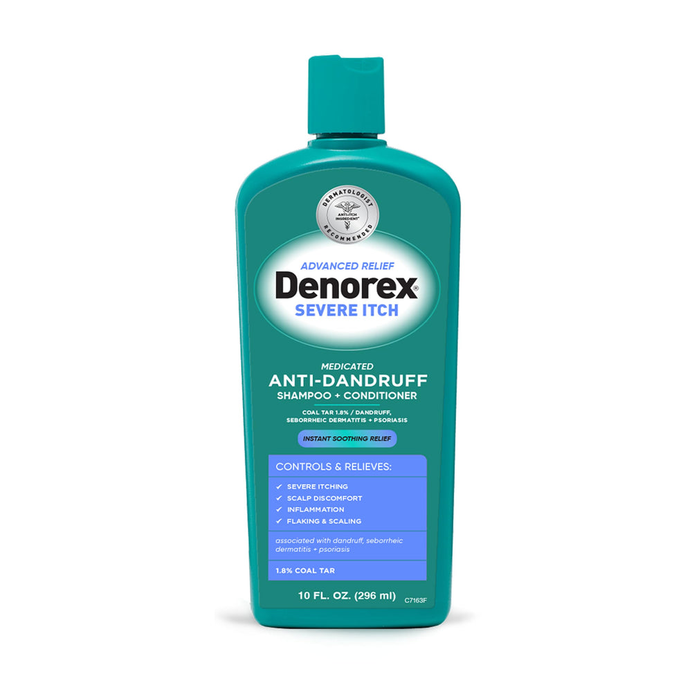Denorex Advanced Relief bottle for medicated scalp relief from severe itching.