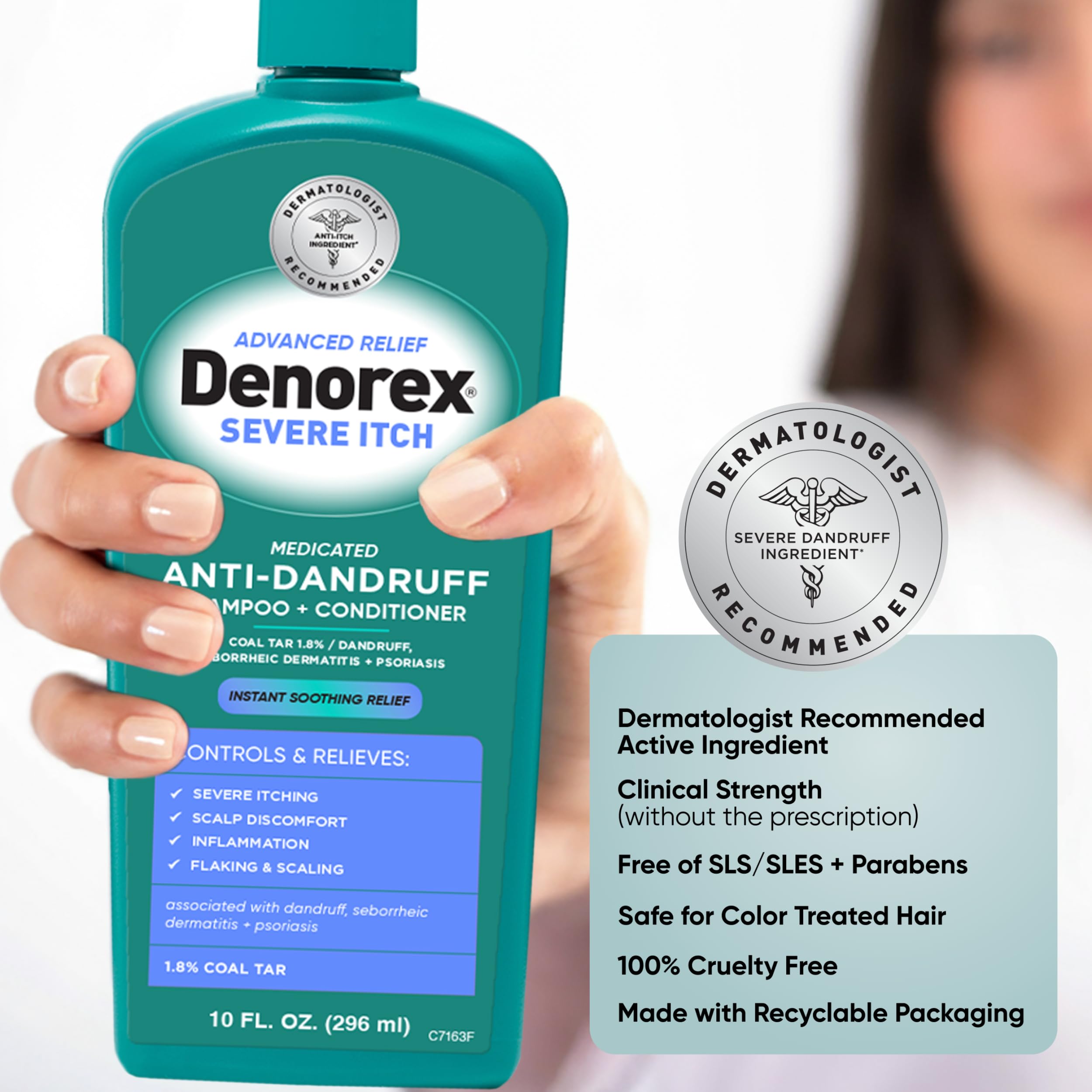 Denorex coal-tar-1-8-percent highlights medicated formula addressing flakes.