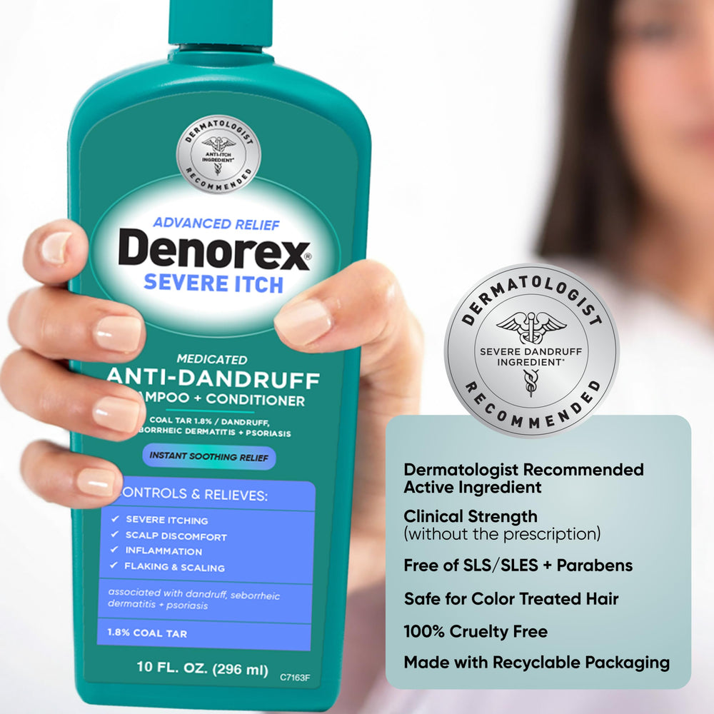 Denorex coal-tar-1-8-percent highlights medicated formula addressing flakes.