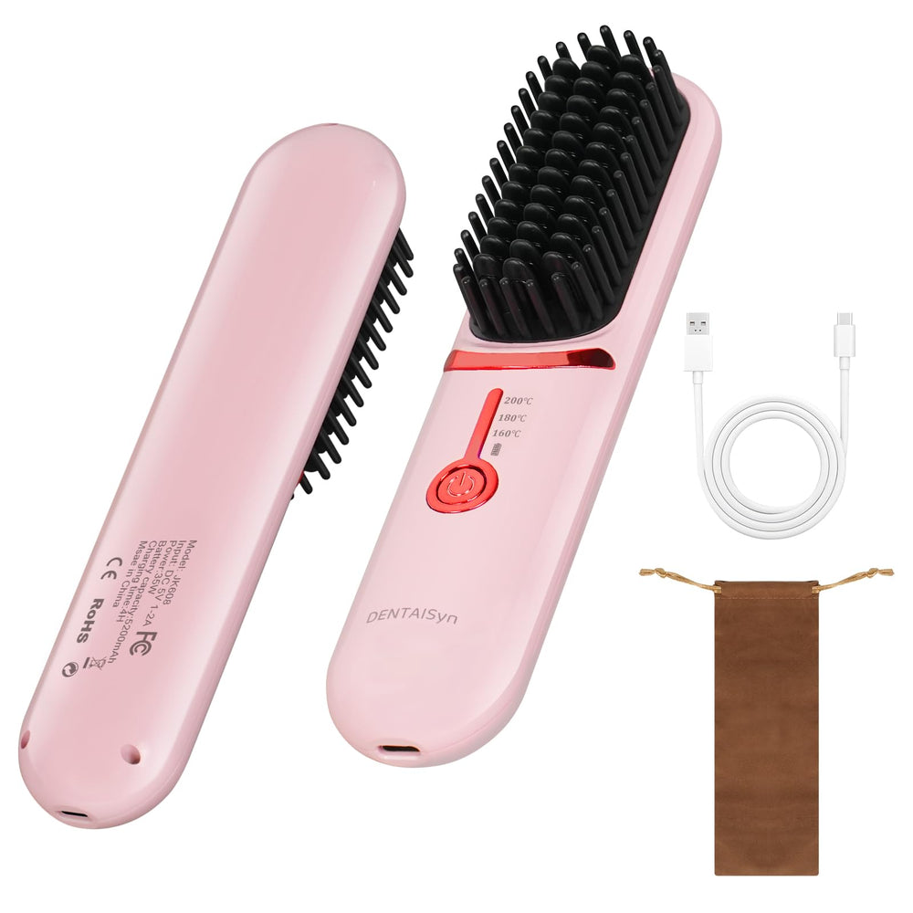 DENTAISyn cordless straightener brush travel-ready design for quick on-the-go touch-ups.